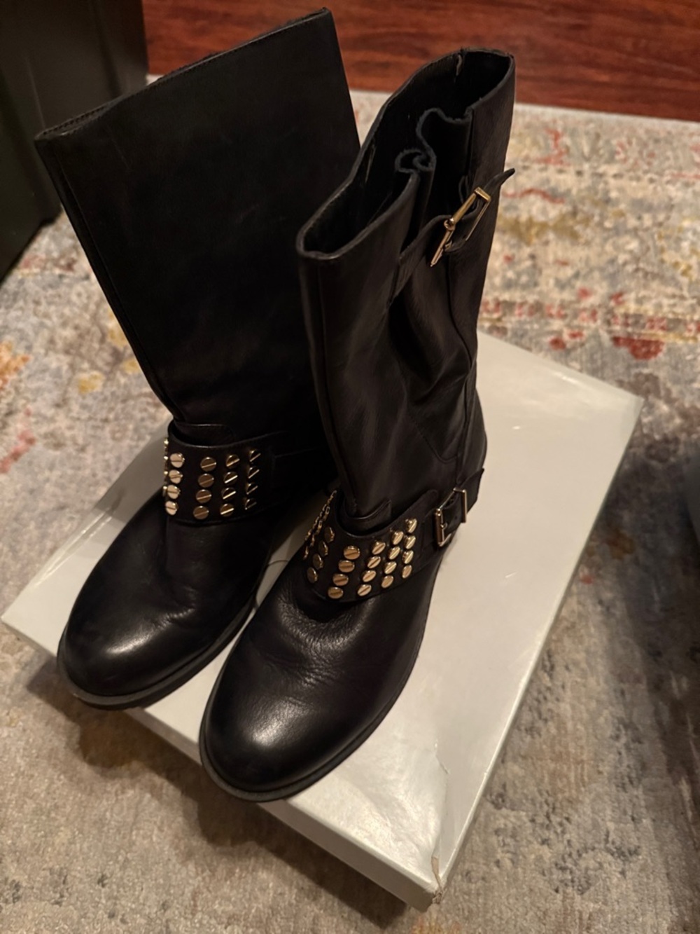 Jessica Simpson Black Studded Mid-Calf Leather Lace-Up Boots